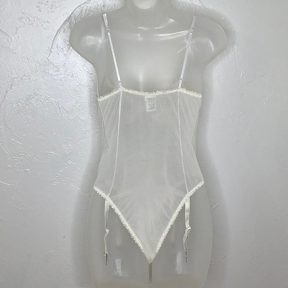 VGT Escante Sheer Nylon babydoll shapewear White bodysuit with gathers SZ S EUC - Picture 6 of 16